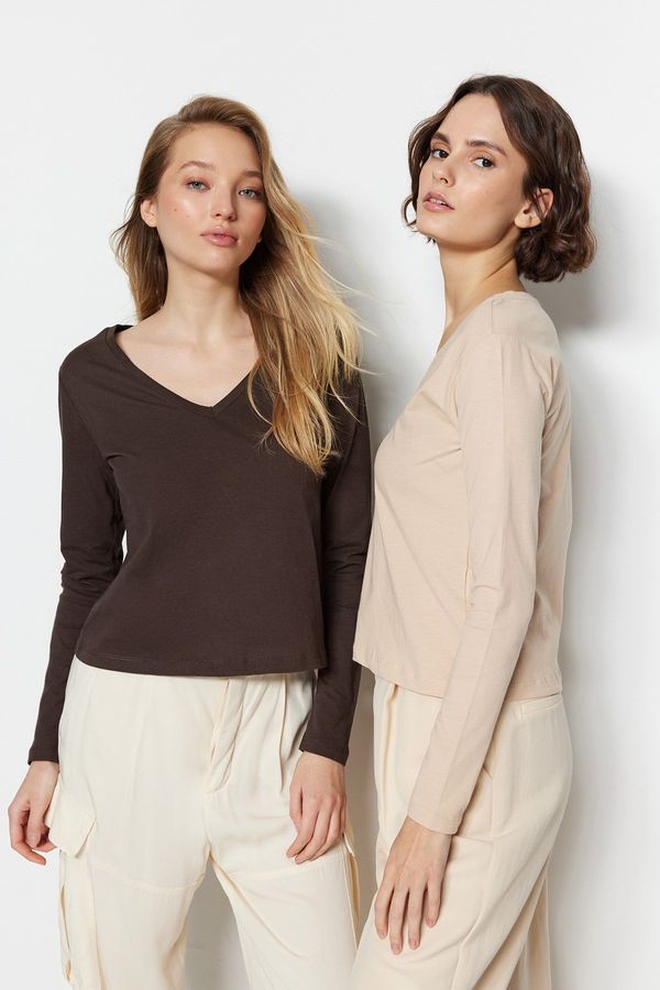Trendyol Trendyol Brown-Beige 100% Cotton 2-Pack Basic V Neck Knitted T-Shirt