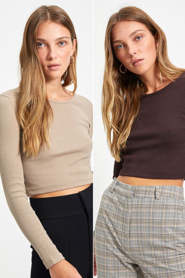 Trendyol Trendyol Brown-Beige 2-Pack Fitted Wide Neck Ribbed Stretchy Crop Knitted Blouse