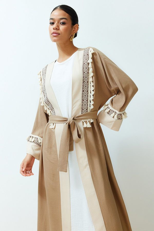 Trendyol Trendyol Brown Belted Embroidery Detailed Crinkle Woven Kimono & Kaftan & Abaya