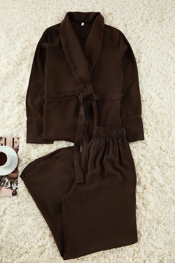 Trendyol Trendyol Brown Belted Piping Detail Double Breasted Viscose Woven Pajamas Set