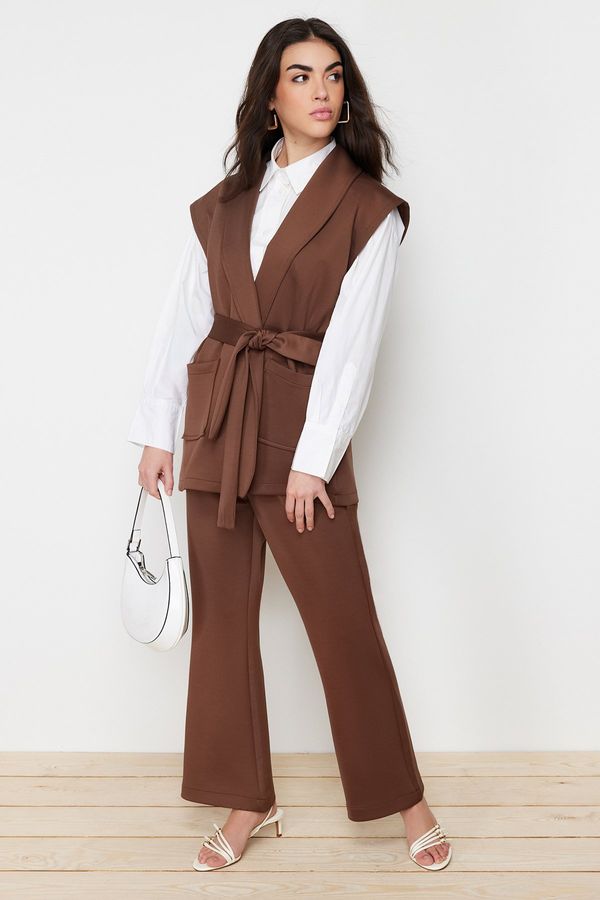 Trendyol Trendyol Brown Belted Scuba Knitted Bottom Top Set