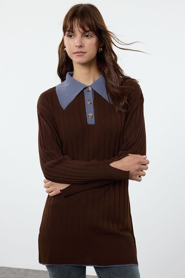 Trendyol Trendyol Brown Blue Color Block Ribbed Knit Sweater