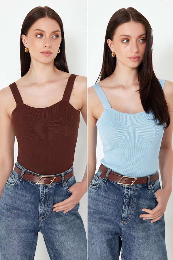 Trendyol Trendyol Brown-Blue Double Pack Strappy Basic Knitwear Blouse