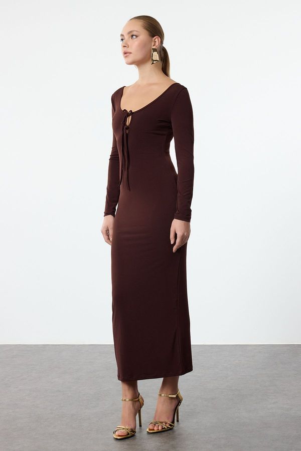 Trendyol Trendyol Brown Body-Sit Knitted Long Dress with Tie Detail at Chest