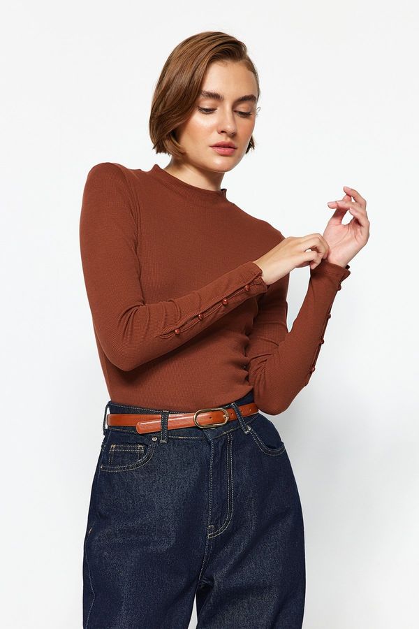 Trendyol Trendyol Brown Buttoned Ribbed High Neck Fitted/Situated Cotton Stretch Knitted Blouse