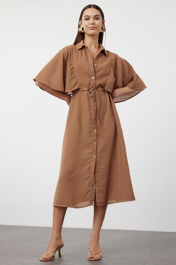 Trendyol Trendyol Brown Cape Sleeve Detailed Tie Waist Midi Shirt Woven Dress