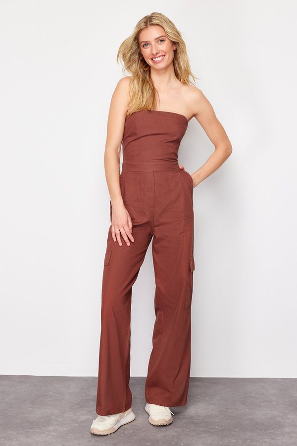 Trendyol Trendyol Brown Cargo Pocket Strapless Collar Maxi Woven Jumpsuit