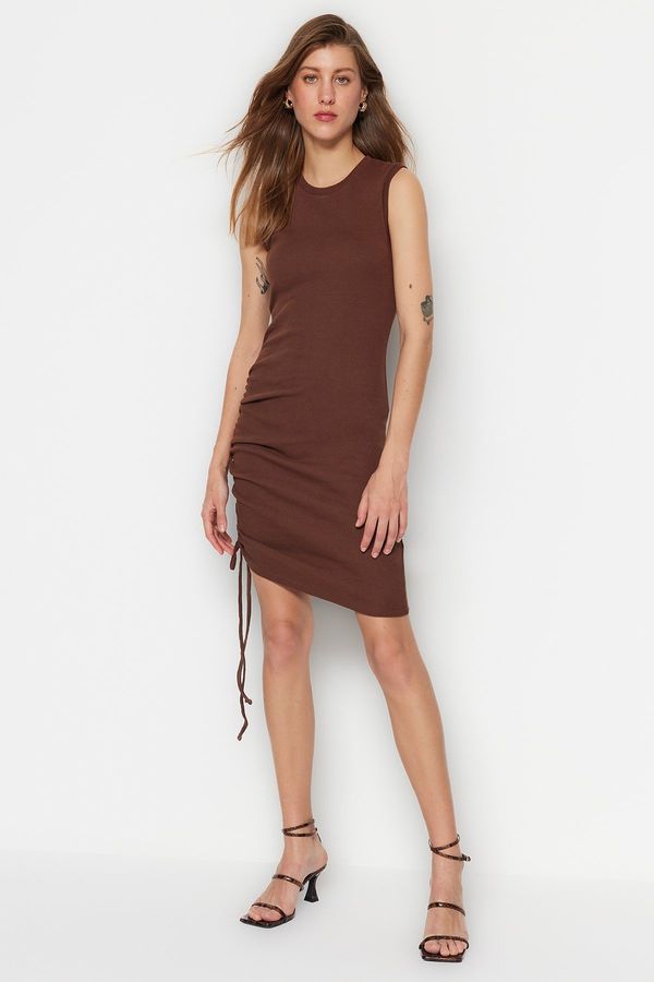 Trendyol Trendyol Brown Crew Neck Fitted, Shirring Detailed Ribbed Flexible Mini Knitting Dress