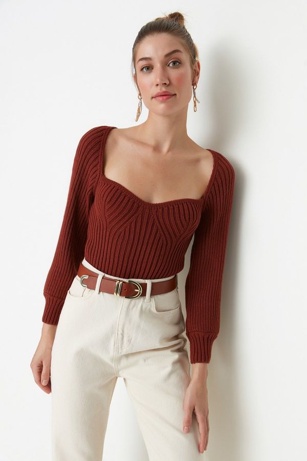 Trendyol Trendyol Brown Crop Heart Collar Knitwear Sweater