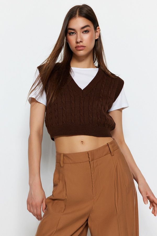 Trendyol Trendyol Brown Crop V Neck Knitwear Sweater