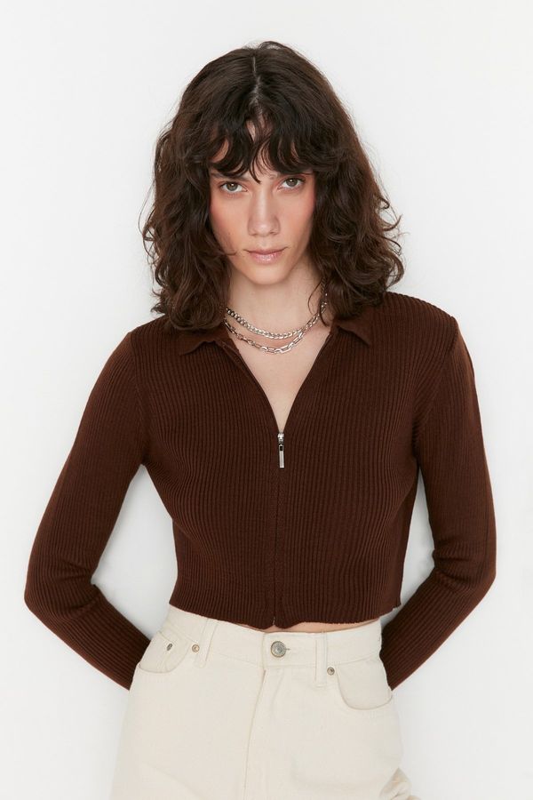Trendyol Trendyol Brown Crop Zippered Knitwear Cardigan