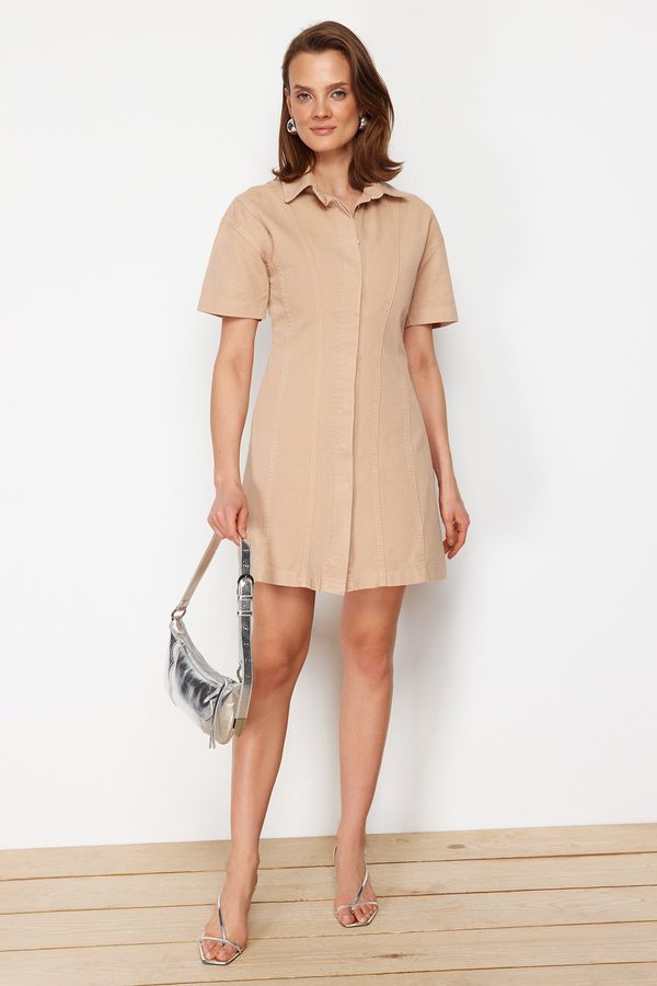 Trendyol Trendyol Brown Denim Mini Dress with Tan Stitching Detail