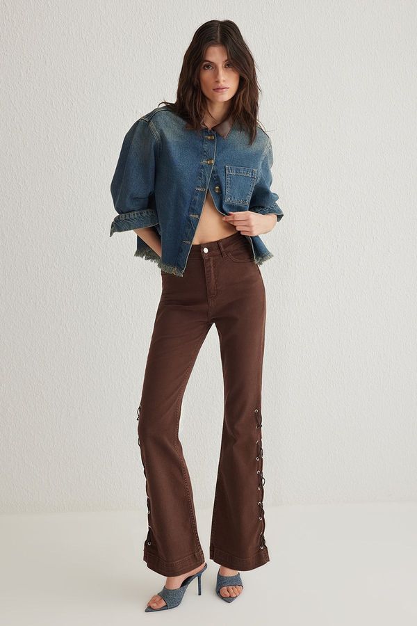 Trendyol Trendyol Brown Eyelet Side Lace High Waist Flare Jeans
