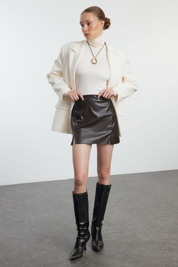 Trendyol Trendyol Brown Faux Leather Slit Mini Skirt