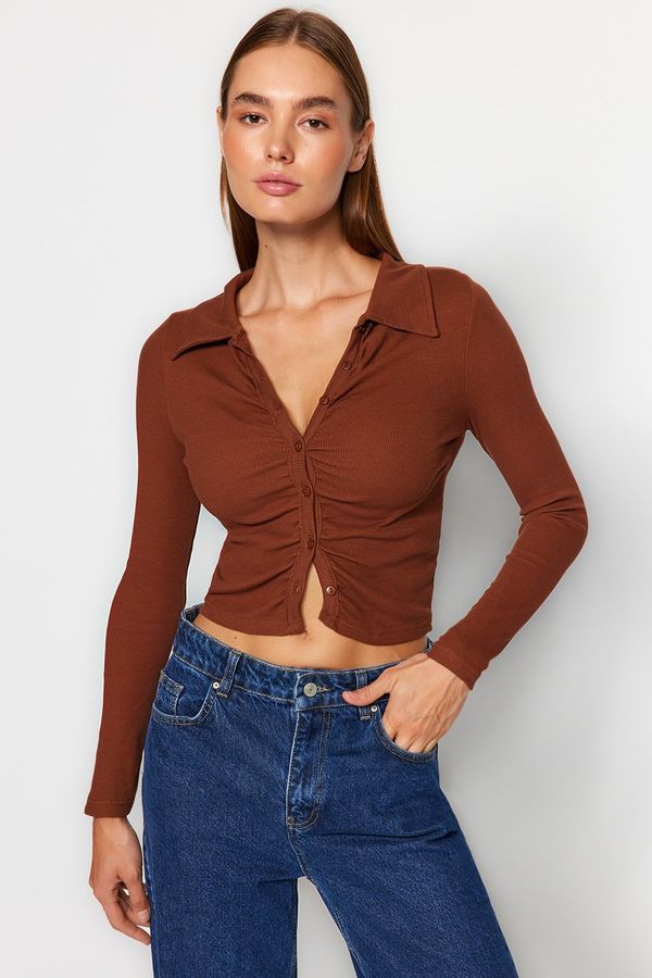 Trendyol Trendyol Brown Fitted Crop Polo Neck Ribbed Cotton Stretch Knitted Blouse