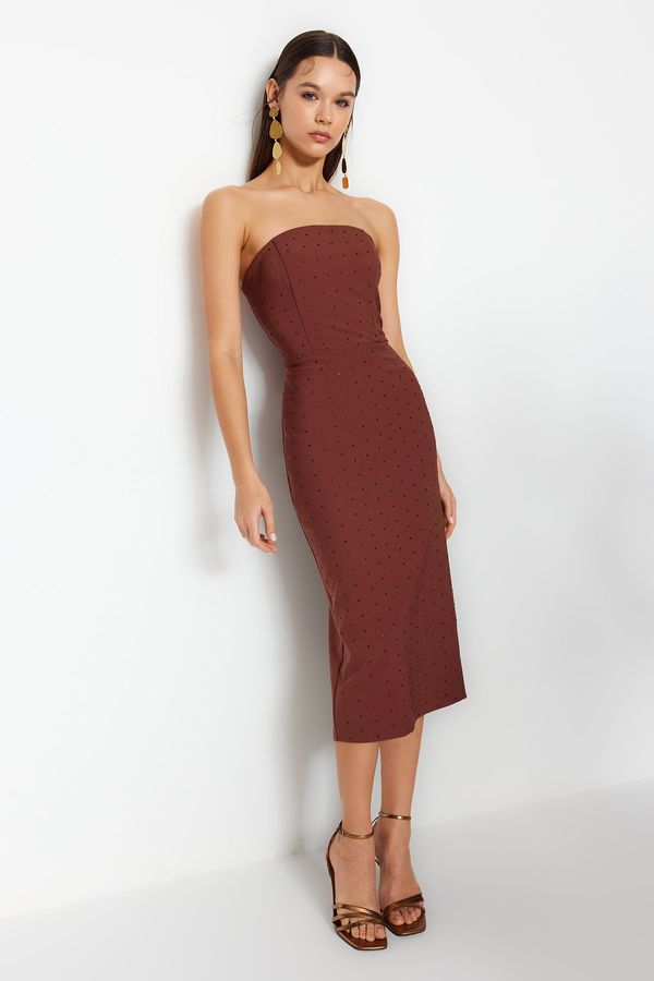 Trendyol Trendyol Brown Fitted Lined Woven Shiny Stone Elegant Evening Dress