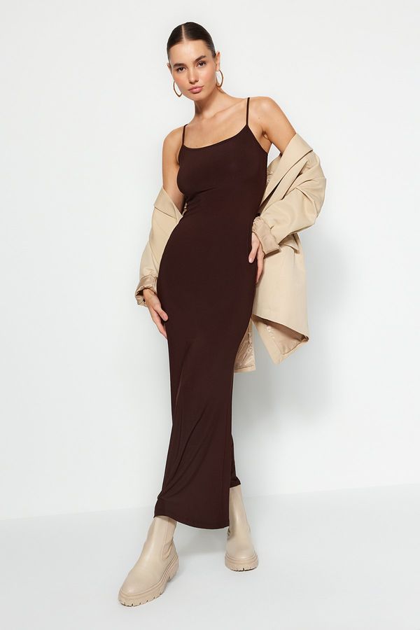 Trendyol Trendyol Brown Fitted Strappy Maxi Stretchy Knitted Dress