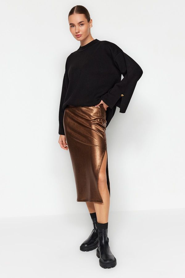 Trendyol Trendyol Brown Foil Print High Waist Slit Maxi Fitted Skirt