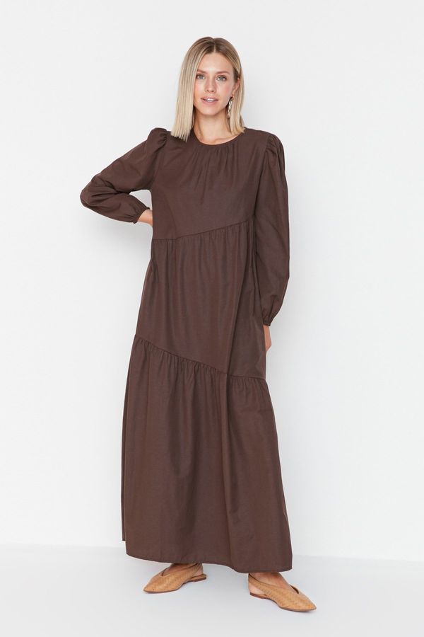 Trendyol Trendyol Brown Gathered Detailed Crew Neck Poplin Woven Dress