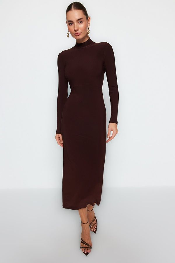 Trendyol Trendyol Brown High Collar Fitted Maxi Flexible Knitted Pencil Dress