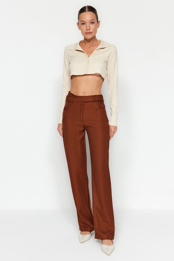 Trendyol Trendyol Brown High Waist Straight Cut Woven Belt Detailed Trousers