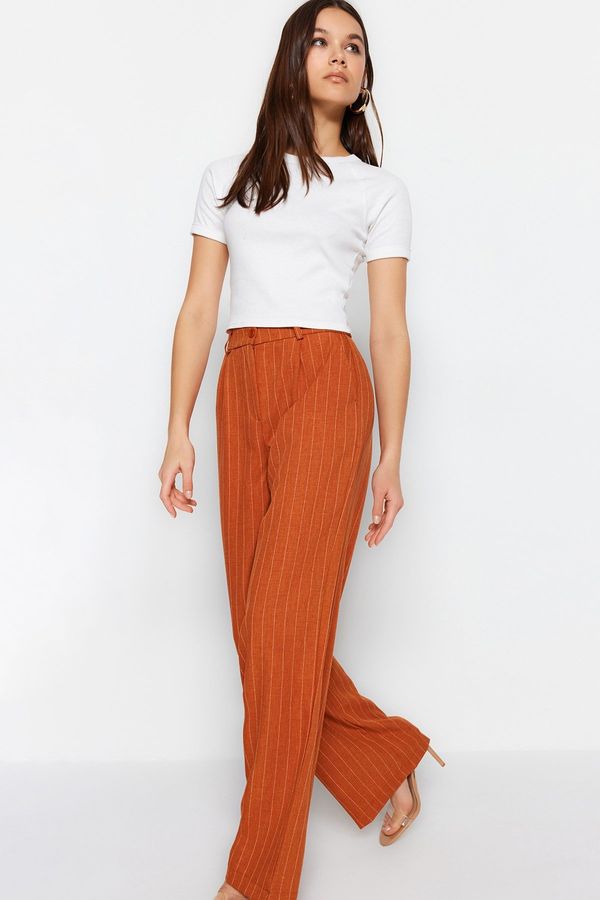 Trendyol Trendyol Brown High Waist Wide Leg Wide Leg Striped Woven Trousers