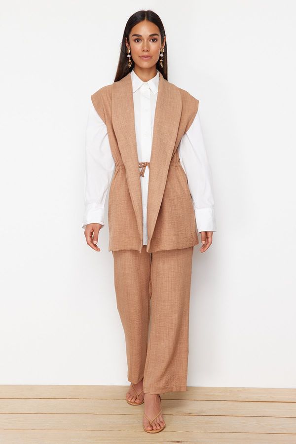 Trendyol Trendyol Brown Inside Tie Linen Look Kimono-Pants Woven Suit