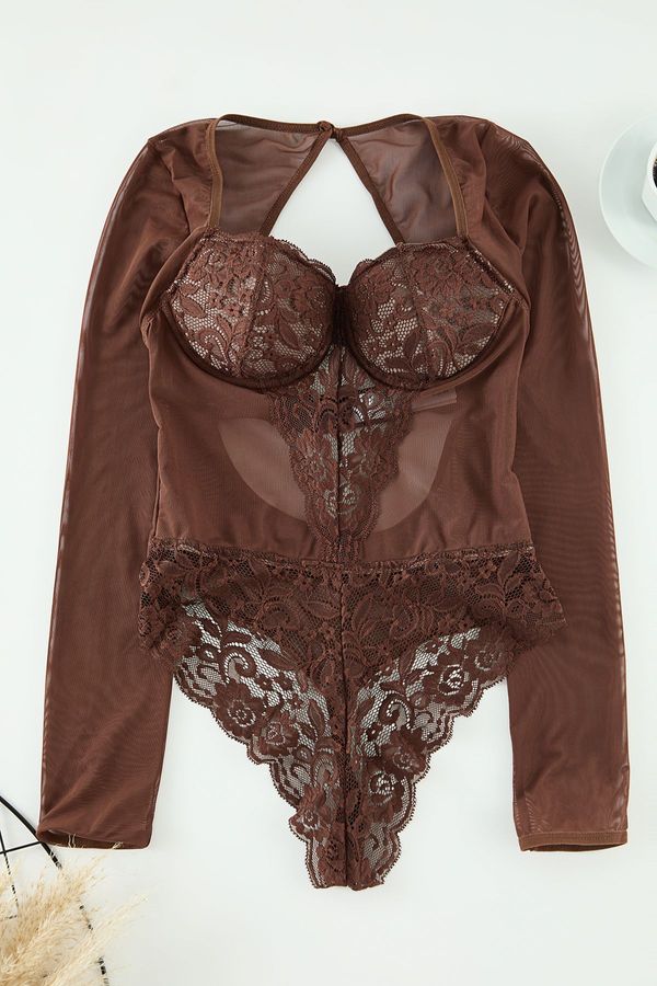 Trendyol Trendyol Brown Lace Cut Out/Window Detail Covered Knit Bodysuit