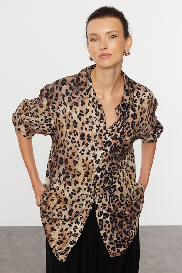 Trendyol Trendyol Brown Leopard Animal Patterned Oversize Woven Wide Pattern Shirt