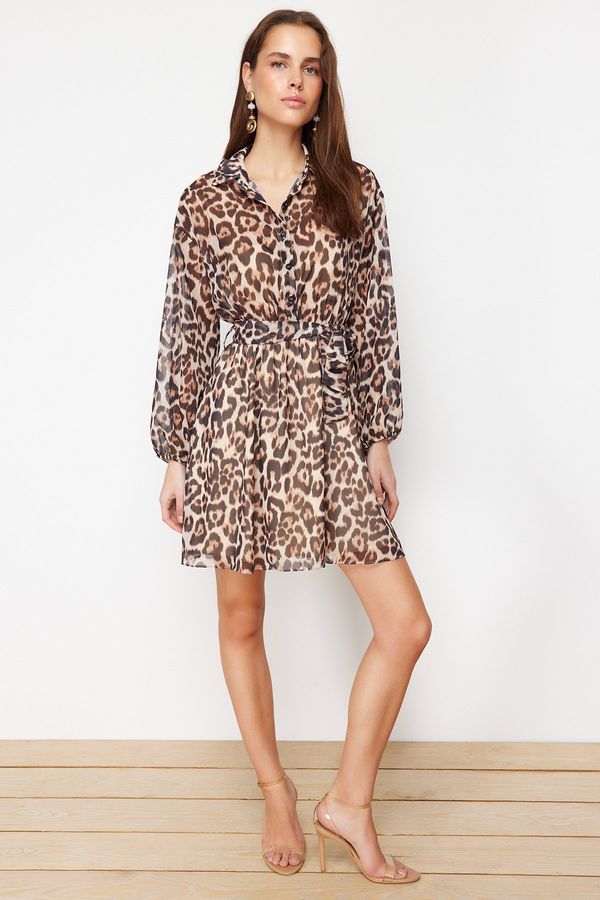 Trendyol Trendyol Brown Leopard Pattern Waist Open Mini Lined Chiffon Woven Dress