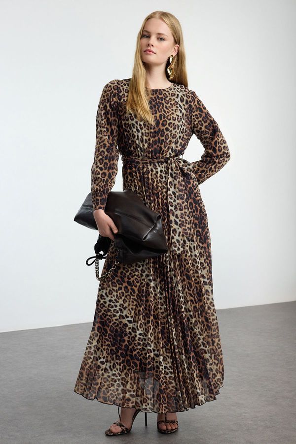 Trendyol Trendyol Brown Leopard Patterned Belt Detailed Lined Pleated Chiffon Woven Dress