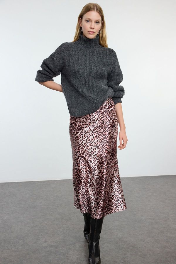 Trendyol Trendyol Brown Leopard Patterned Satin Maxi Knit Skirt