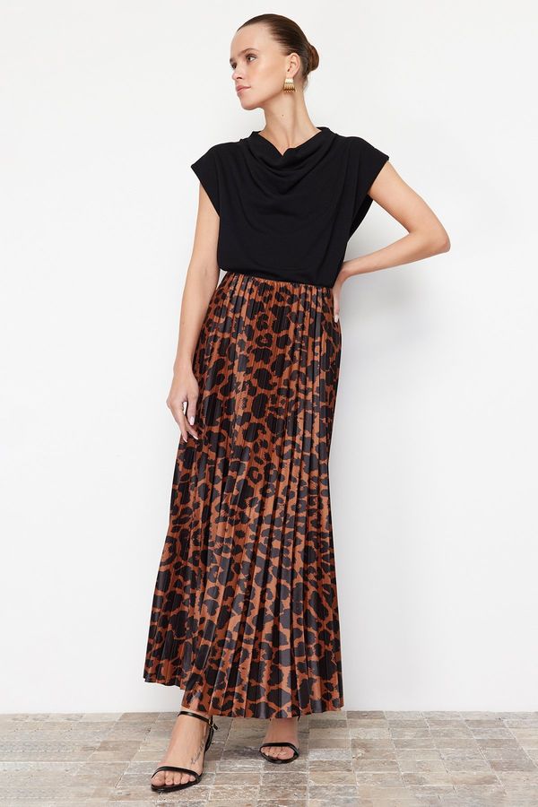 Trendyol Trendyol Brown Leopard/Animal Printed Pleated Stretchy Knitted Skirt