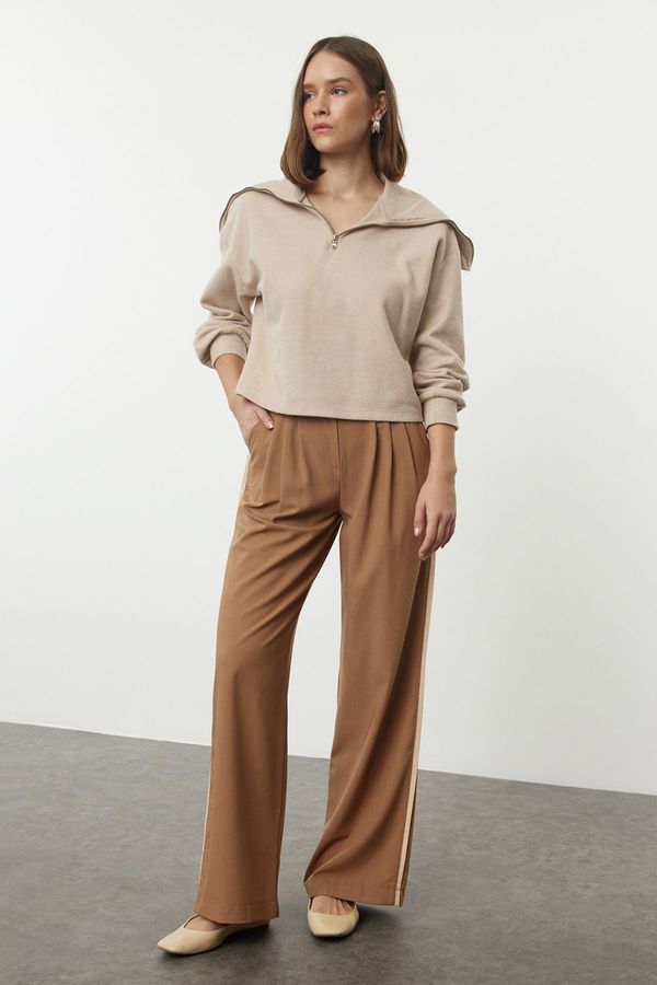 Trendyol Trendyol Brown Linen Look Wide Leg Woven Trousers with Side Stripe Detail