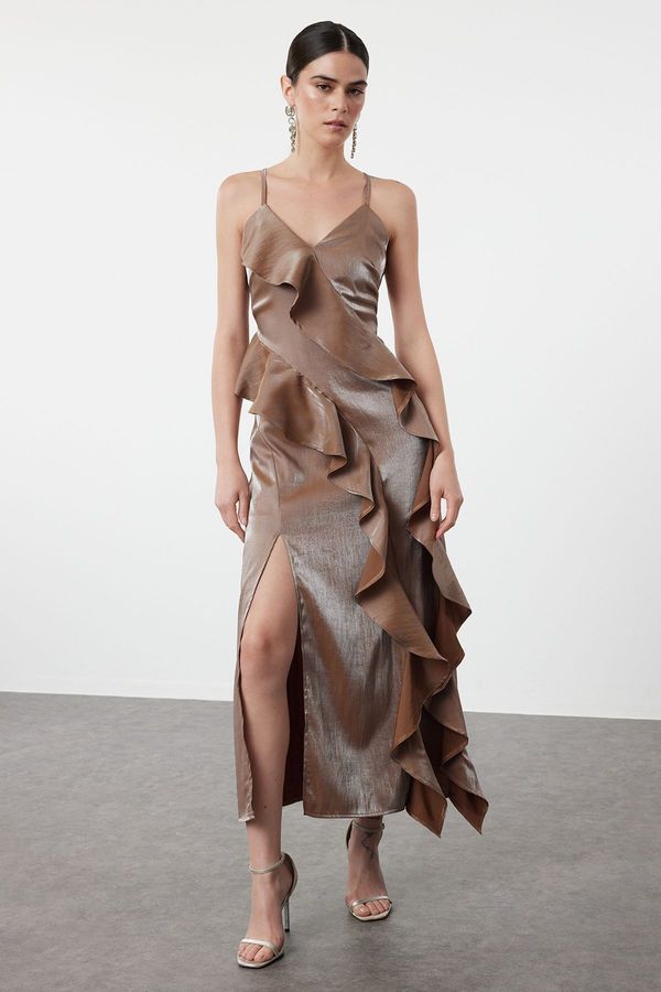 Trendyol Trendyol Brown Metallic Look Flounce Detailed Woven Dress