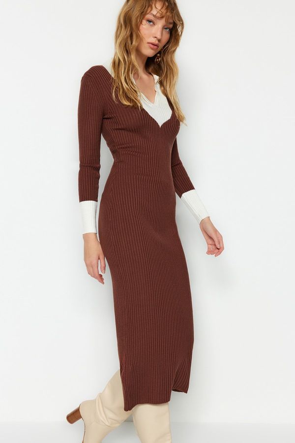 Trendyol Trendyol Brown Midi Knitwear Color Block Dress