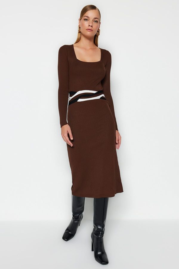 Trendyol Trendyol Brown Midi Knitwear Square Neck Dress