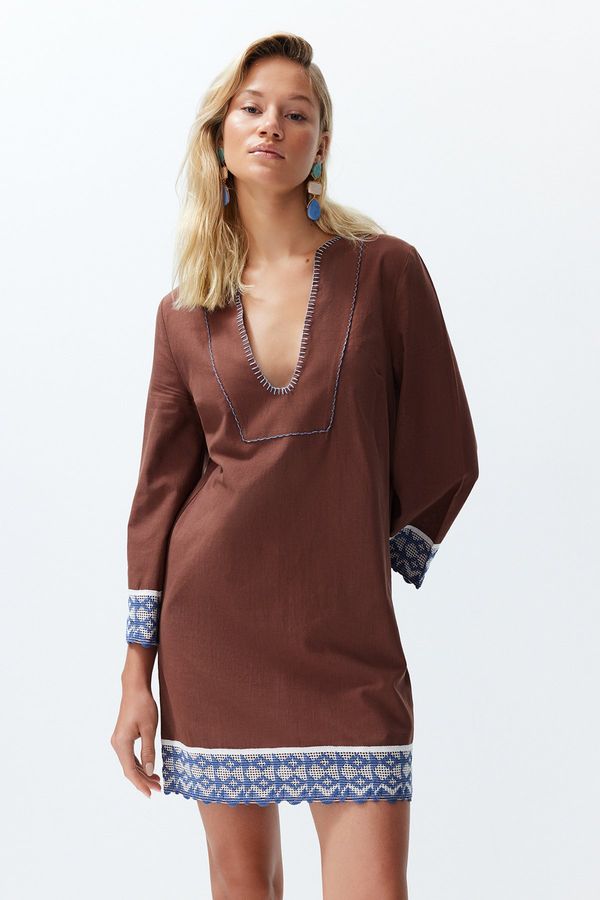 Trendyol Trendyol Brown Mini Woven Stripe Accessory 100% Cotton Beach Dress