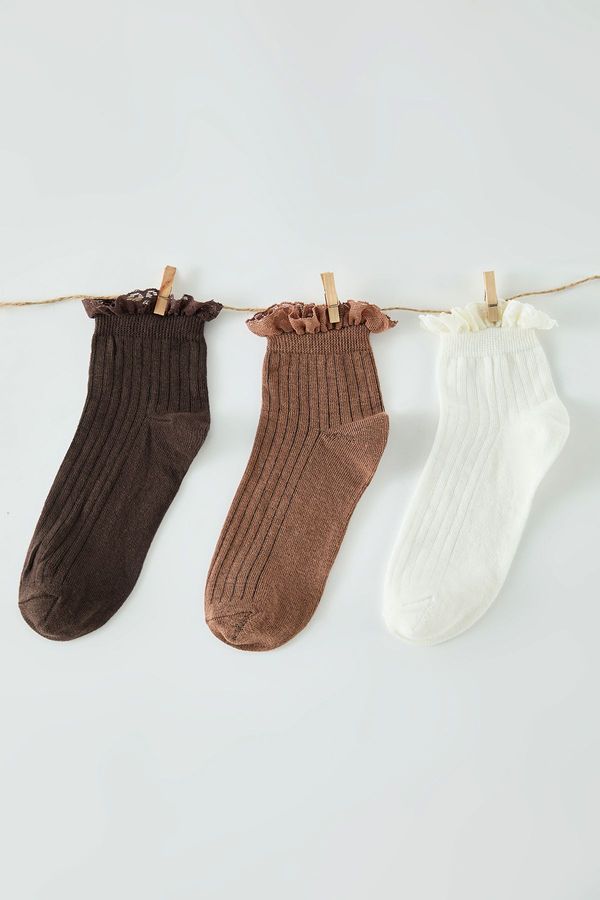 Trendyol Trendyol Brown-Multicolored 3-Pack Floral Lace Detail Jacquard Knit Socks