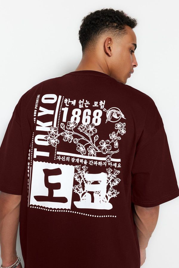 Trendyol Trendyol Brown Oversize 100% Cotton Far Eastern Printed T-Shirt