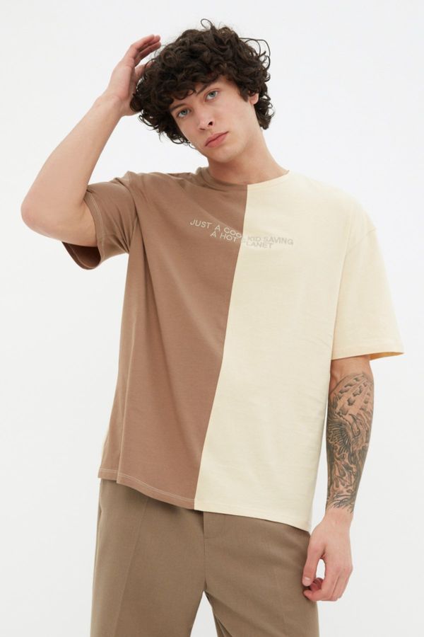 Trendyol Trendyol Brown Oversize Color Block 100% Cotton Embroidered T-Shirt