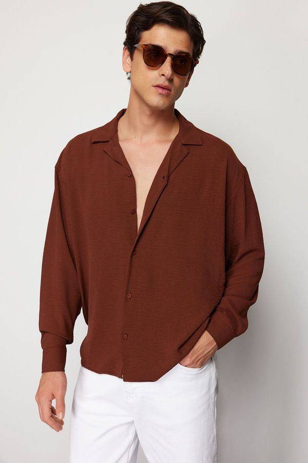 Trendyol Trendyol Brown Oversize Fit Open Collar Summer Linen Look Shirt