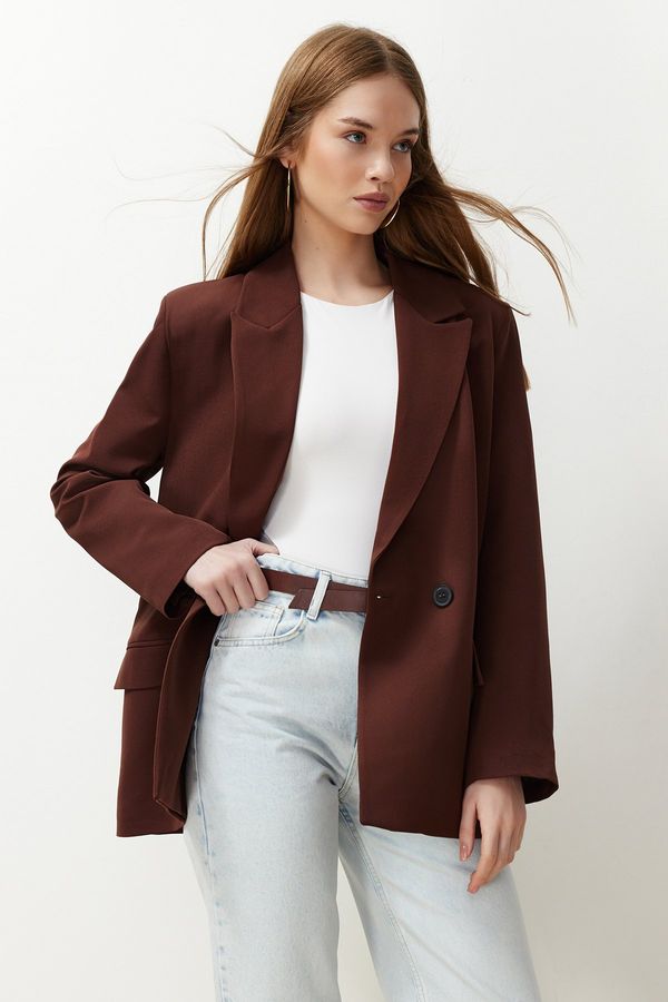 Trendyol Trendyol Brown Oversize Straight Cut Basic Double Breasted Woven Blazer Jacket