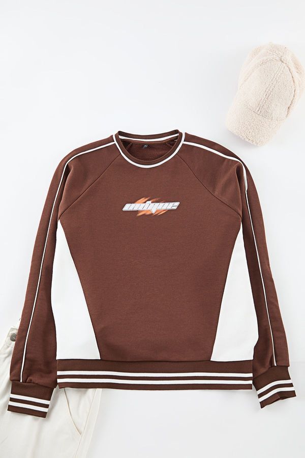 Trendyol Trendyol Brown Oversize/Wide Cut Printed College Sweatshirt