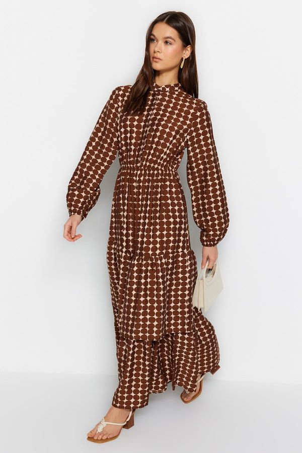 Trendyol Trendyol Brown Polka Dot Patterned Woven Dress with a Layered Skirt
