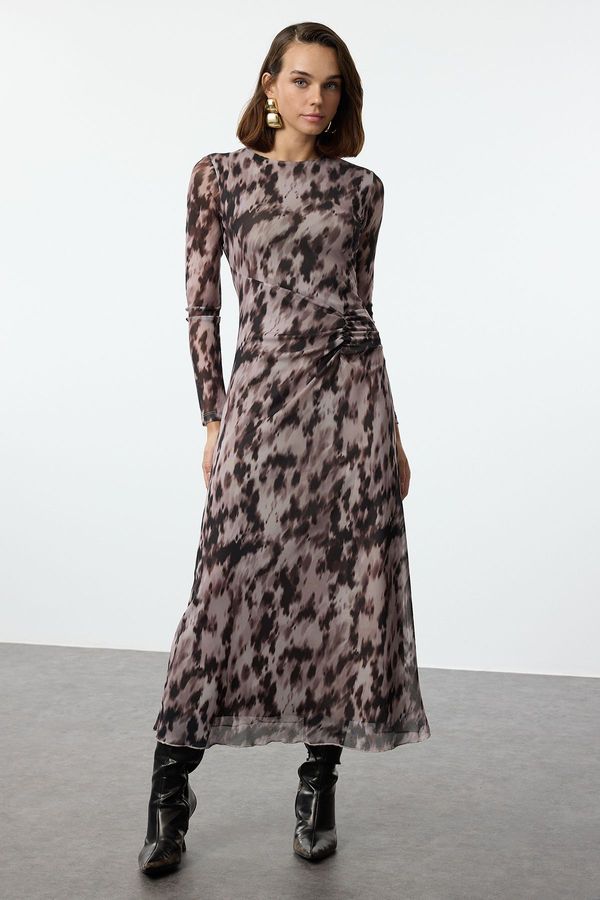 Trendyol Trendyol Brown Printed Gather/Drape Maxi Knit Dress