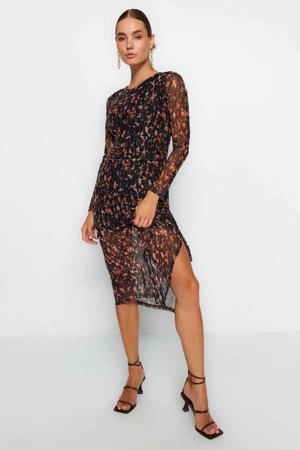 Trendyol Trendyol Brown Printed Tulle Lined Body-Shouldered Gathered Long Sleeve Midi Knitted Dress
