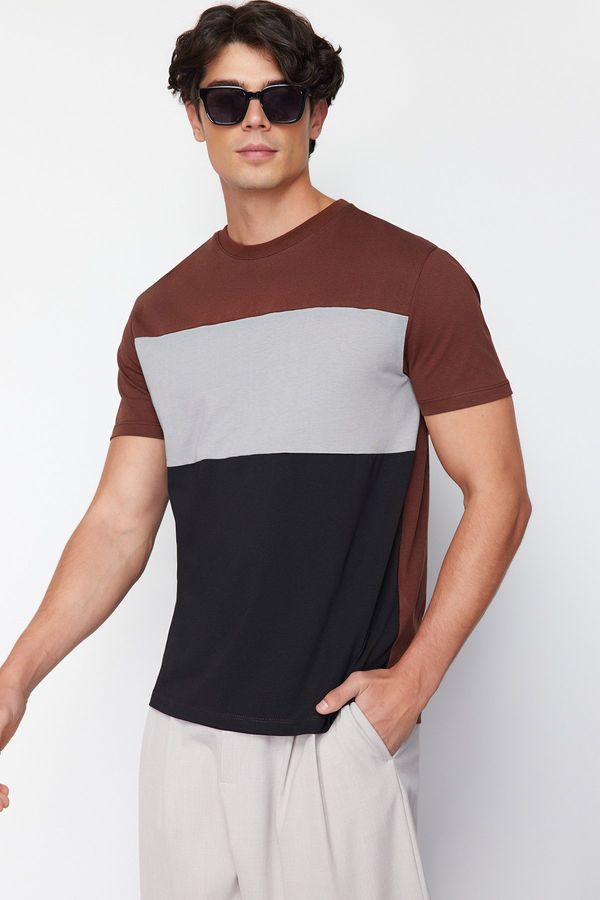 Trendyol Trendyol Brown Regular Cut Color Blocked 100% Cotton T-Shirt