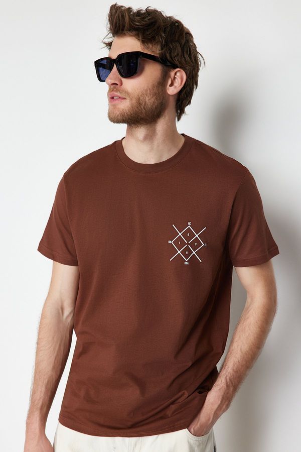 Trendyol Trendyol Brown Regular Cut Logo Printed 100% Cotton Short Sleeve T-Shirt