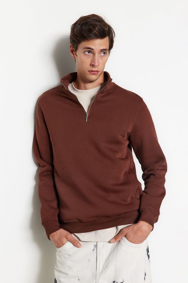 Trendyol Trendyol Brown Regular/Normal Cut Stand Collar Zippered Cotton Basic Inside Polar Fleece Sweatshirt